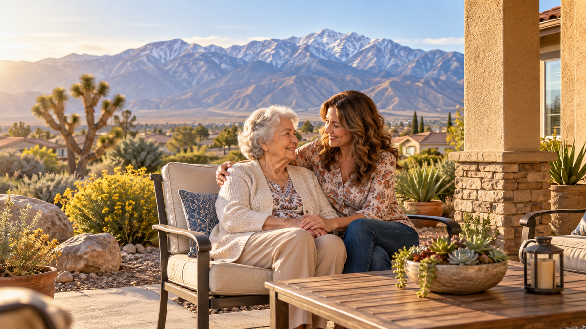 Senior and daughter on an Hesperia-style patio with High Desert mountains and native plants, generous margins.