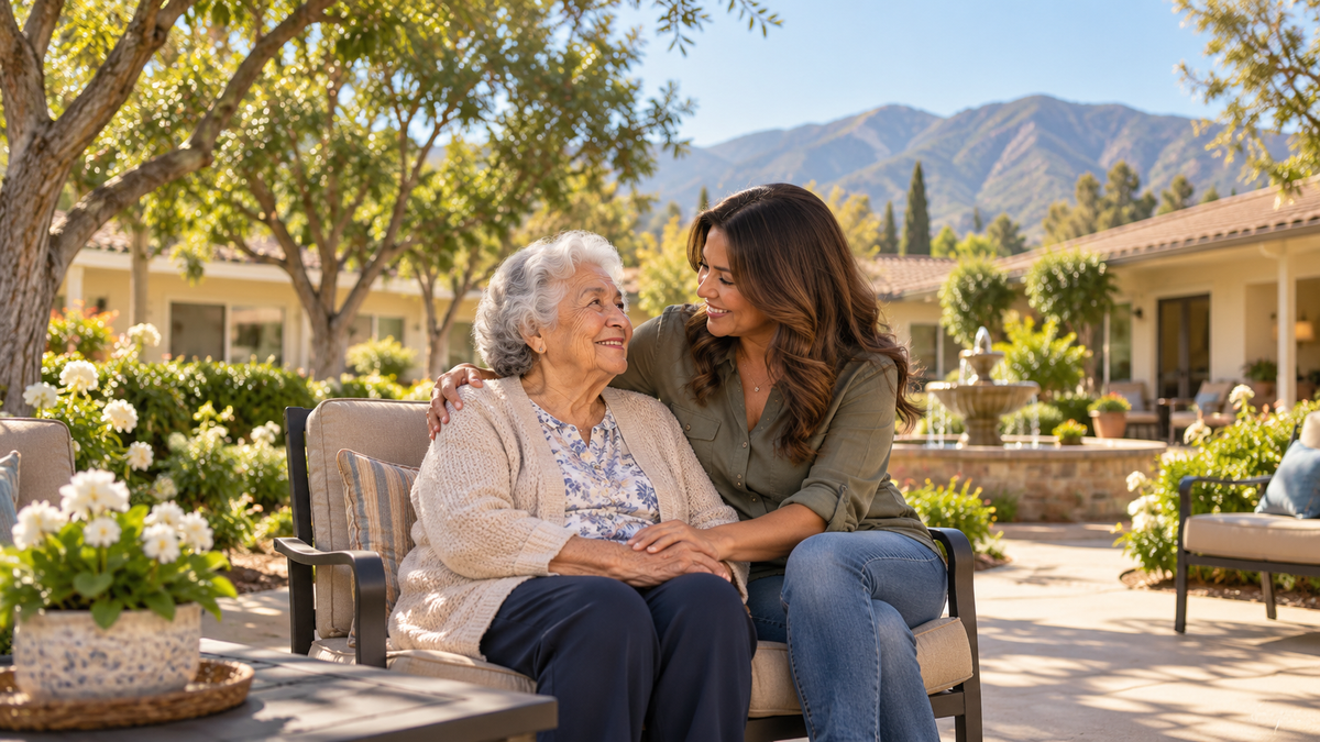 Older woman and daughter enjoying a landscaped Orange County senior residence patio, generous margins.