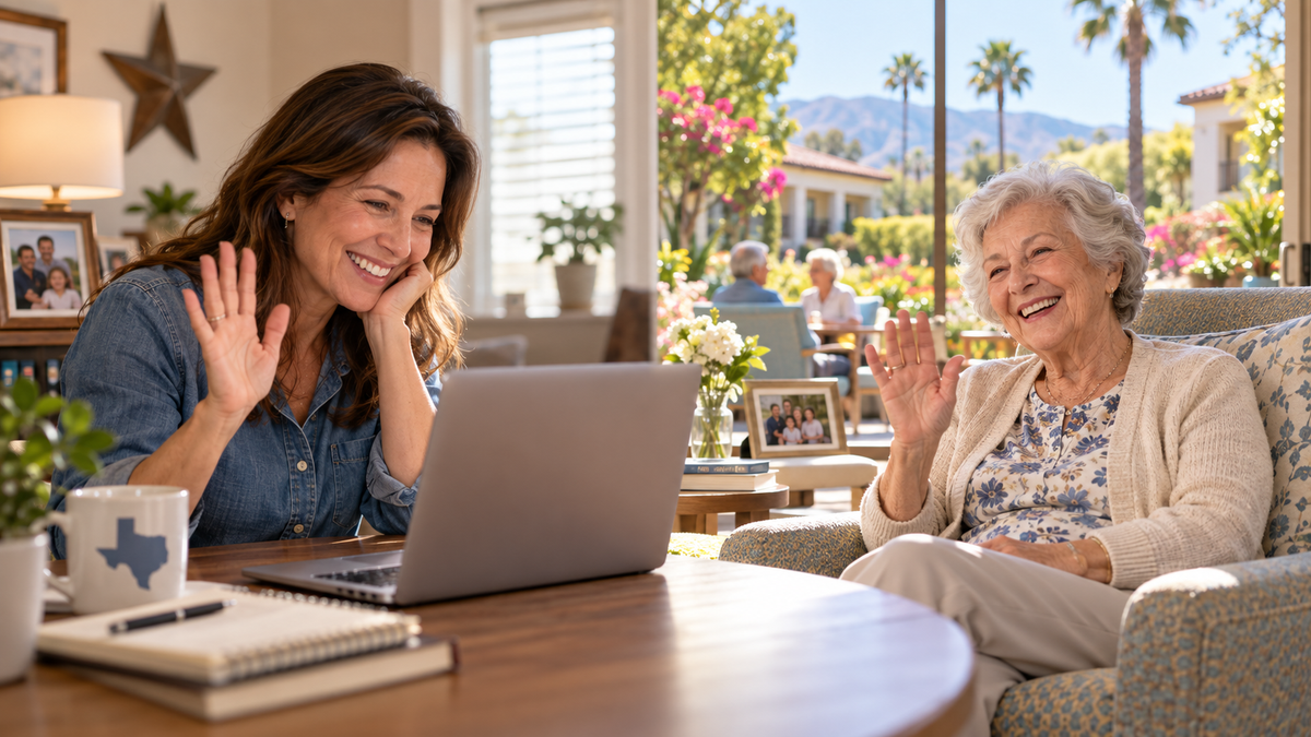 Daughter in Texas video calling her mother in a bright California senior residence, generous margins.