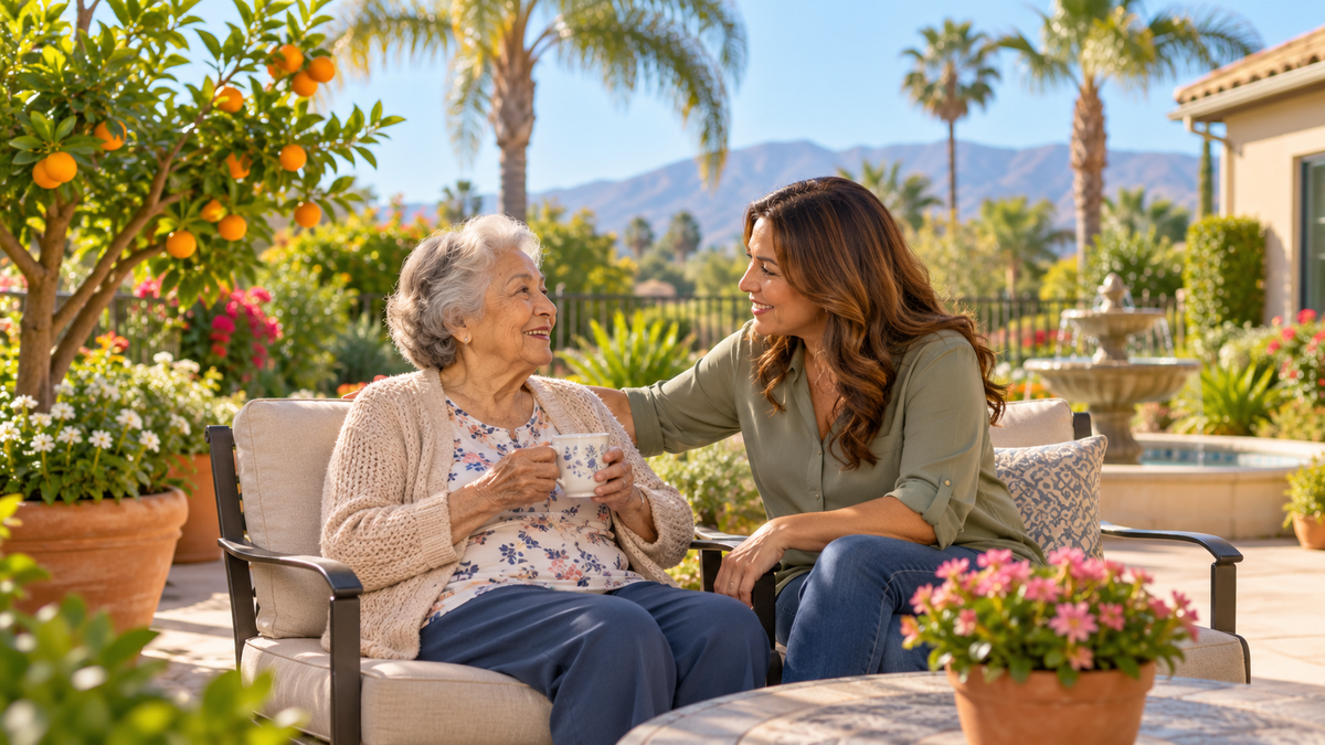 Older woman and family member on a sunny Riverside County residence patio with citrus trees, generous margins.