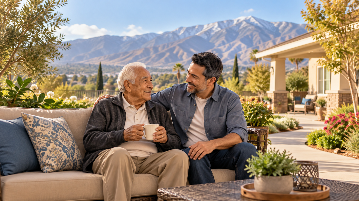 Older adult and son enjoying a welcoming senior residence patio near the San Bernardino Mountains, with generous margins.