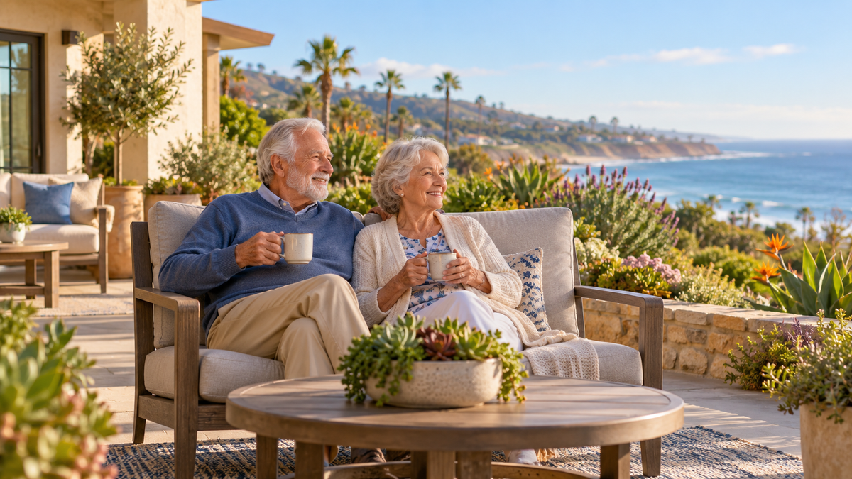 Older couple relaxing at a coastal San Diego senior residence patio, with clear generous margins.