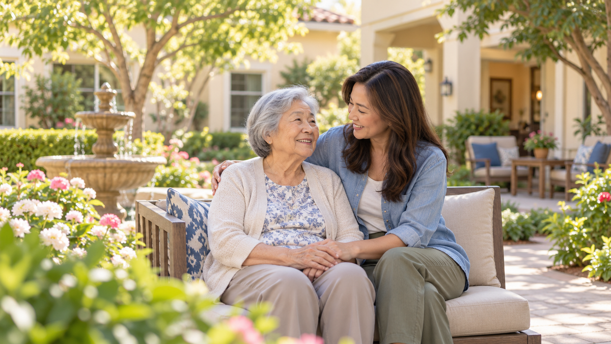 Older woman and daughter sharing a warm moment in a Ventura-area senior residence garden, generous margins.